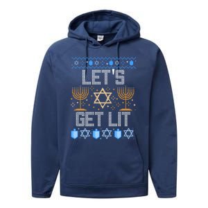 Lets Get Lit Orah Jewish Pun Ugly Hanukkah Chanukah Meaningful Gift Performance Fleece Hoodie