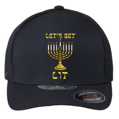 Let's Get Lit Chanukah Happy Hanukkah Funny Menorah Jewish  Flexfit Unipanel Trucker Cap