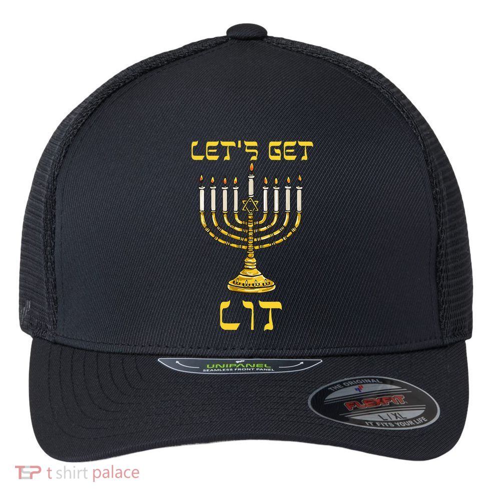 Let's Get Lit Chanukah Happy Hanukkah Funny Menorah Jewish  Flexfit Unipanel Trucker Cap