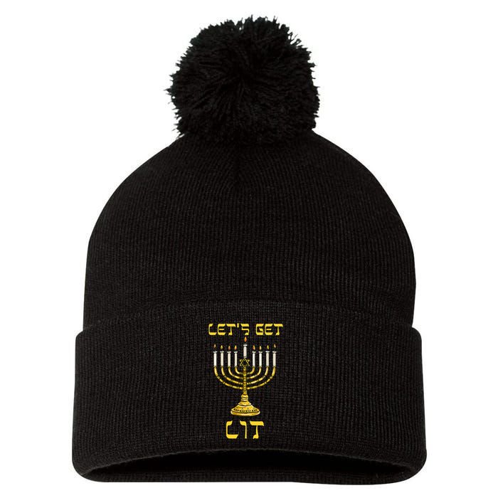 Let's Get Lit Chanukah Happy Hanukkah Funny Menorah Jewish  Pom Pom 12in Knit Beanie