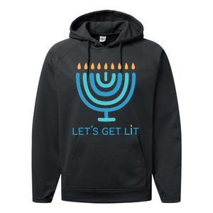 Let's Get Lit Menorah Jewish Funny Ugly Hanukkah Jew  Performance Fleece Hoodie