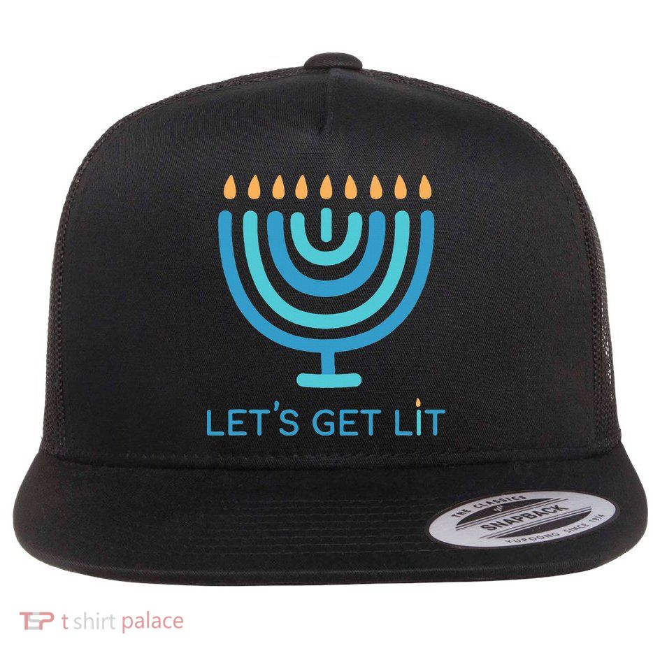 Let's Get Lit Menorah Jewish Funny Ugly Hanukkah Jew  Flat Bill Trucker Hat
