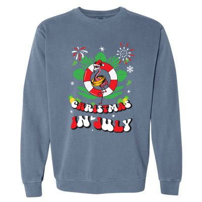 Lets Get Lit Christmas In July Xmas Flamingo Groovy Gift Garment-Dyed Sweatshirt