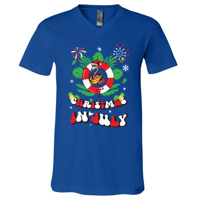 Lets Get Lit Christmas In July Xmas Flamingo Groovy Gift V-Neck T-Shirt