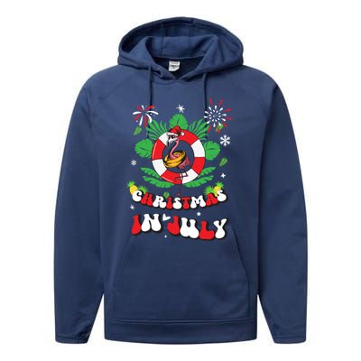 Lets Get Lit Christmas In July Xmas Flamingo Groovy Gift Performance Fleece Hoodie