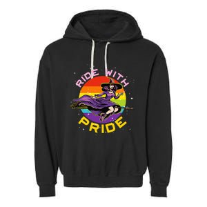 Lgbtq Gay Lesbian Rainbow Ride With Pride Witch Halloween Garment-Dyed Fleece Hoodie