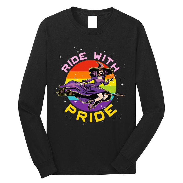 Lgbtq Gay Lesbian Rainbow Ride With Pride Witch Halloween Long Sleeve Shirt