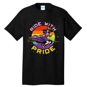 Lgbtq Gay Lesbian Rainbow Ride With Pride Witch Halloween Tall T-Shirt