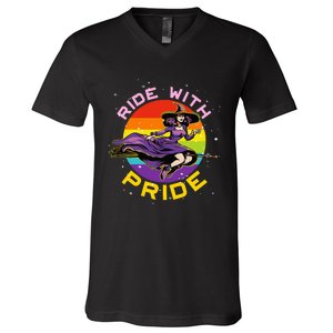 Lgbtq Gay Lesbian Rainbow Ride With Pride Witch Halloween V-Neck T-Shirt