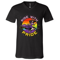 Lgbtq Gay Lesbian Rainbow Ride With Pride Witch Halloween V-Neck T-Shirt