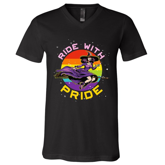 Lgbtq Gay Lesbian Rainbow Ride With Pride Witch Halloween V-Neck T-Shirt