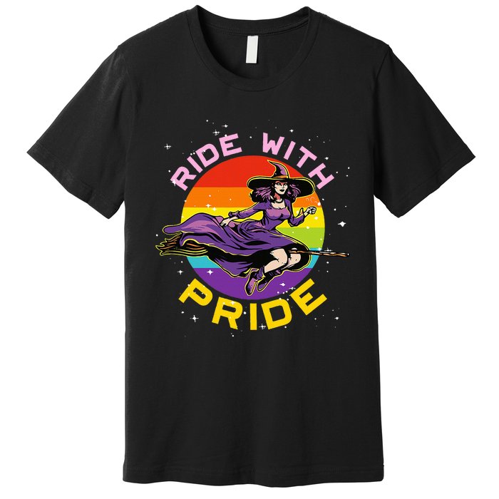 Lgbtq Gay Lesbian Rainbow Ride With Pride Witch Halloween Premium T-Shirt