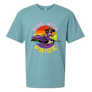 Lgbtq Gay Lesbian Rainbow Ride With Pride Witch Halloween Sueded Cloud Jersey T-Shirt