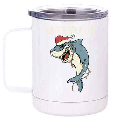 Let's Get Lit Christmas Lights Pun Funny Shark Santa Meme Gift 12 oz Stainless Steel Tumbler Cup