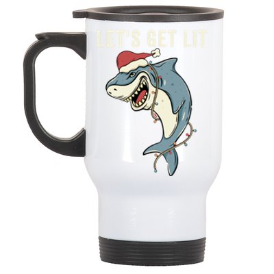 Let's Get Lit Christmas Lights Pun Funny Shark Santa Meme Gift Stainless Steel Travel Mug