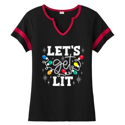 Let's Get Lit Drinking Santa Hat Christmas Lights Funny  Ladies Halftime Notch Neck Tee