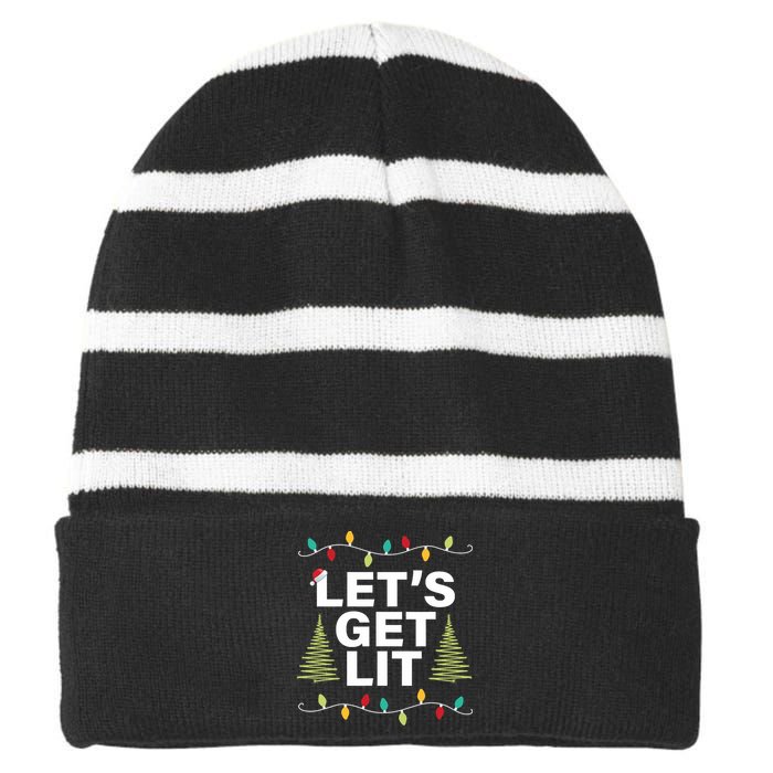 LetS Get Lit Funny Christmas Drinking Xmas Lights Striped Beanie with Solid Band