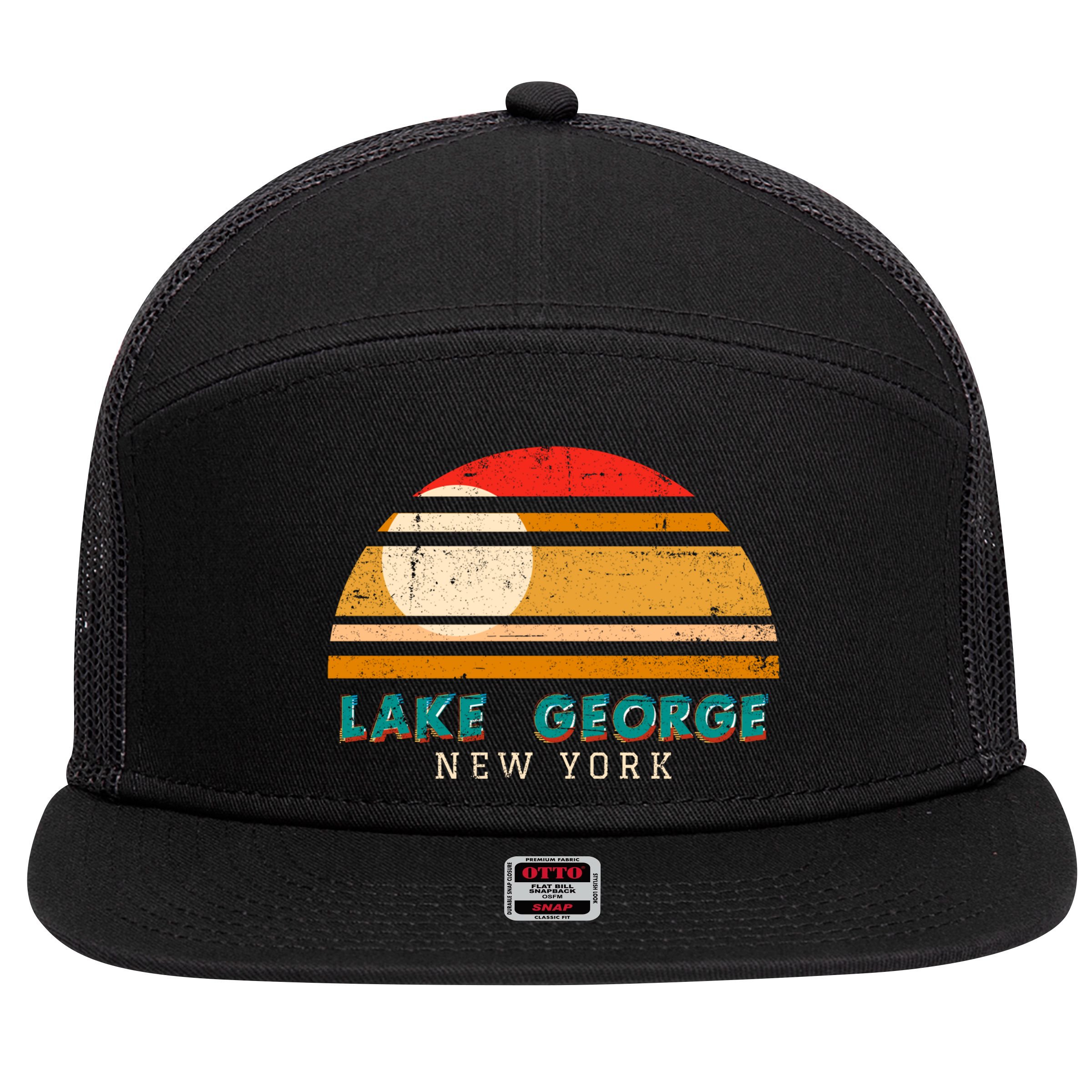 Lake George Ny Product Meaningful Gift Distressed Sunset Lake George Print Gift 7 Panel Mesh Trucker Snapback Hat