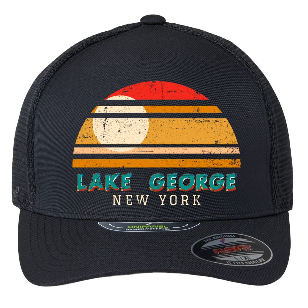 Lake George Ny Product Meaningful Gift Distressed Sunset Lake George Print Gift Flexfit Unipanel Trucker Cap