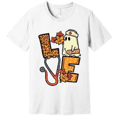 Leopard Ghost Nurse Halloween Costume Fall Scrub Top Women Premium T-Shirt