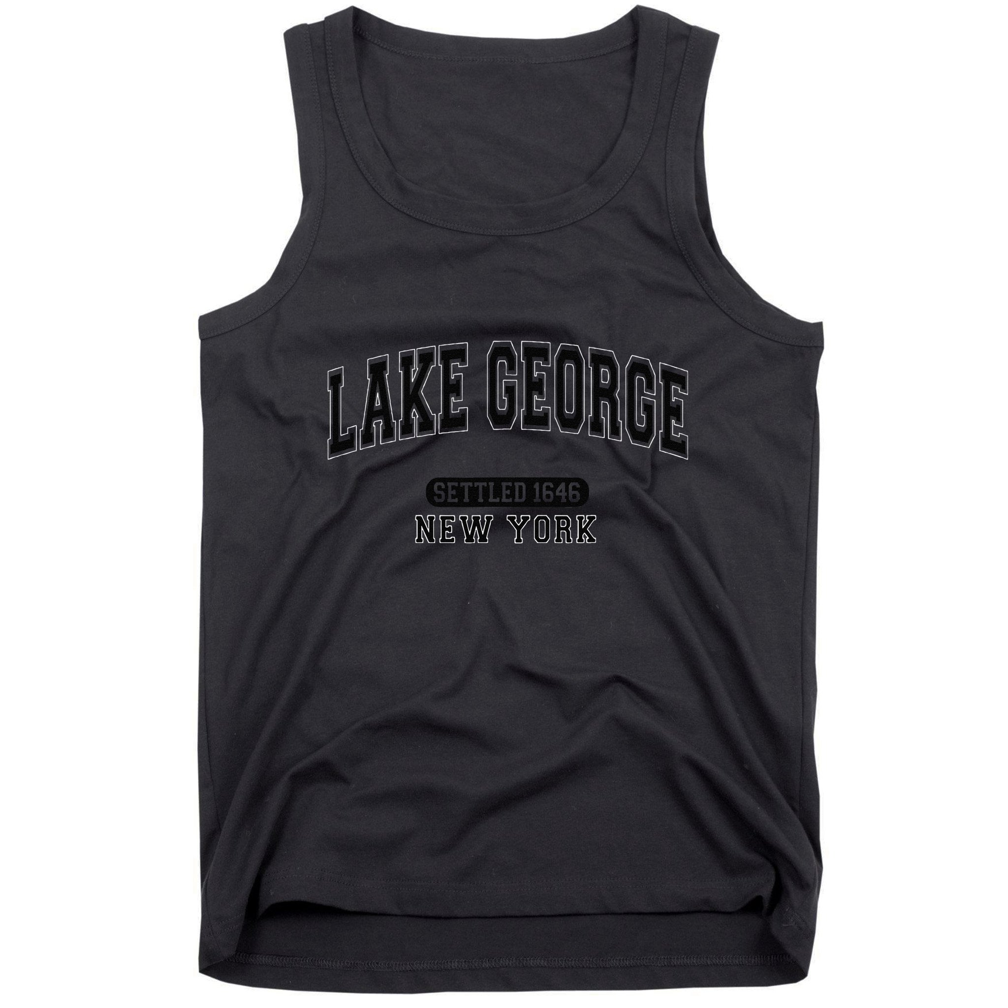 Lake George New York Settled 1646 Arched Varsity Black Tank Top