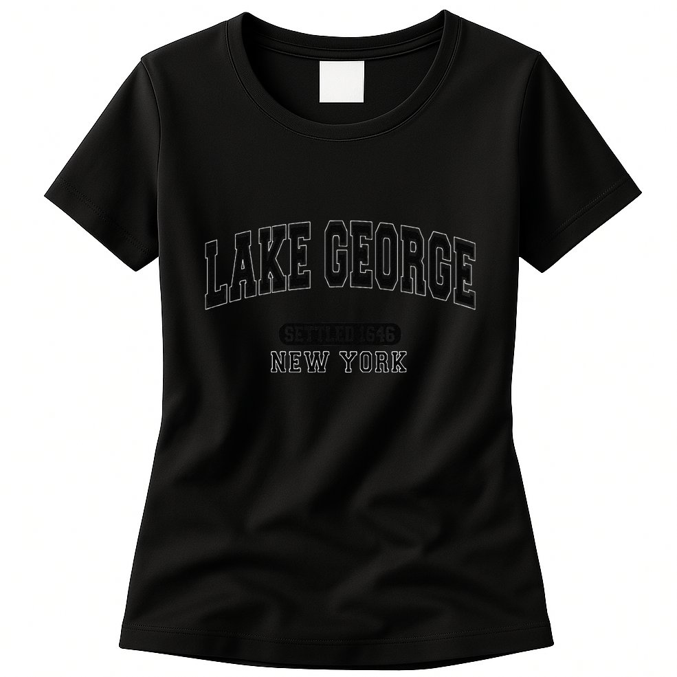 Lake George New York Settled 1646 Arched Varsity Black Womens T-Shirt