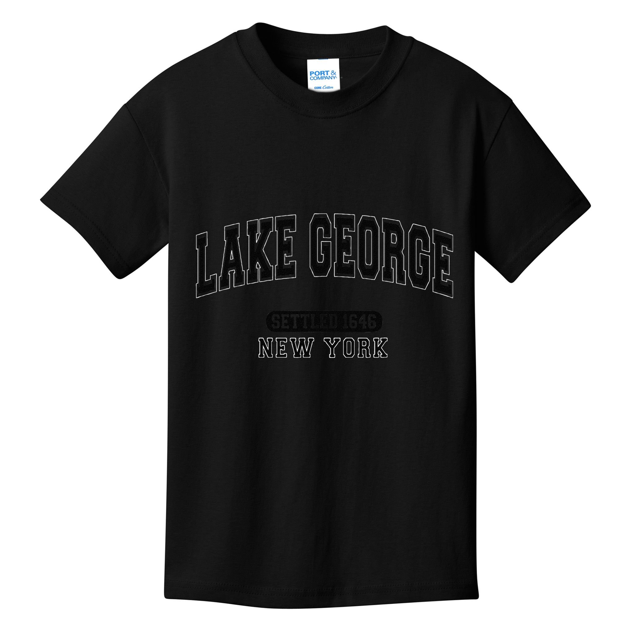 Lake George New York Settled 1646 Arched Varsity Black Kids T-Shirt