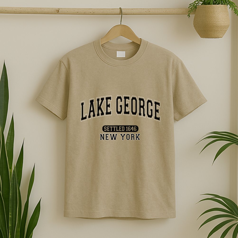 Lake George New York Settled 1646 Arched Varsity Black T-Shirt
