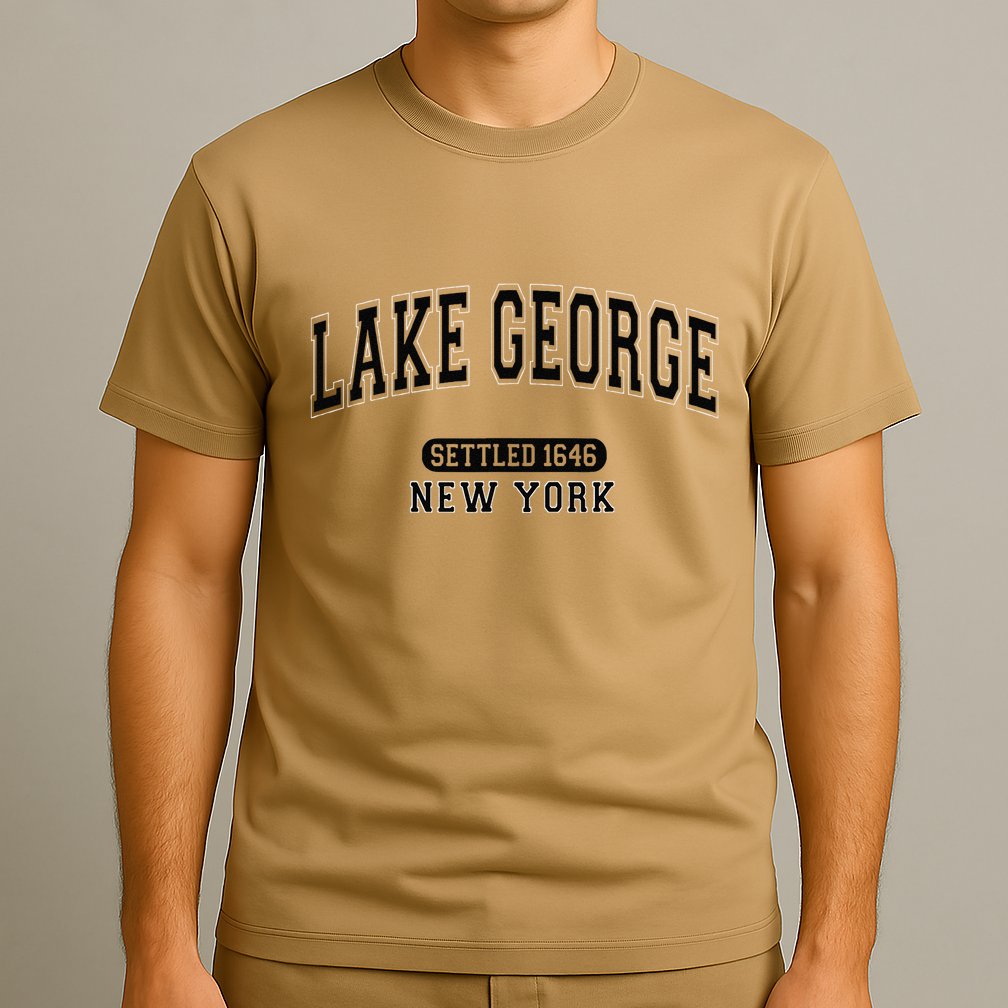 Lake George New York Settled 1646 Arched Varsity Black T-Shirt