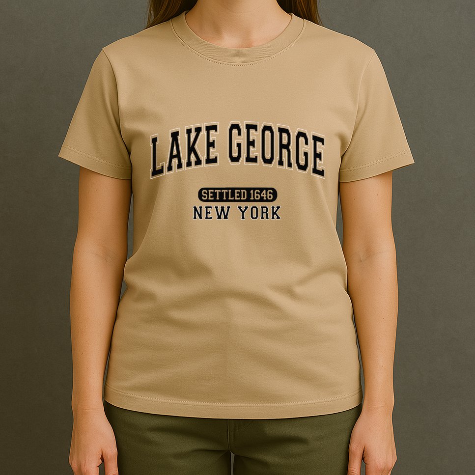 Lake George New York Settled 1646 Arched Varsity Black T-Shirt
