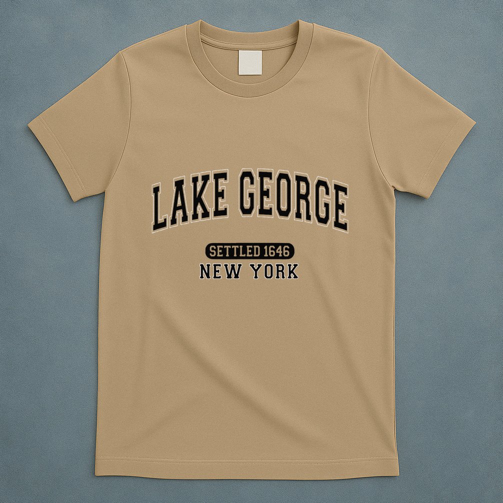 Lake George New York Settled 1646 Arched Varsity Black T-Shirt