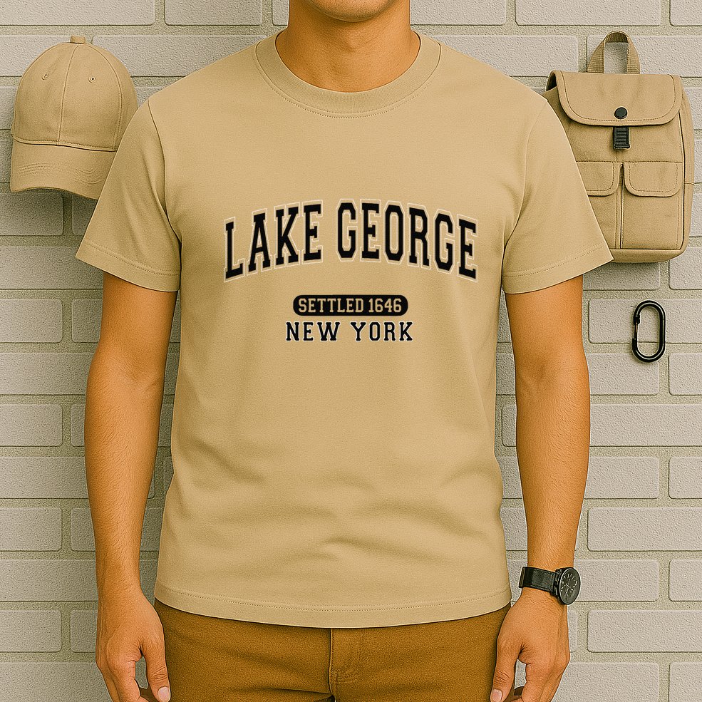 Lake George New York Settled 1646 Arched Varsity Black T-Shirt