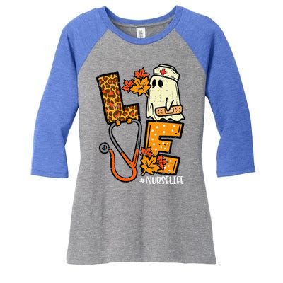 Leopard Ghost Nurse Halloween Costume Fall Women's Tri-Blend 3/4-Sleeve Raglan Shirt