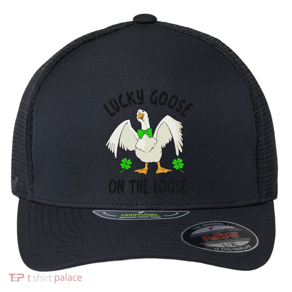 Lucky Goose On Duck The Loose St Patricks Day Lucky Shamrock Flexfit Unipanel Trucker Cap