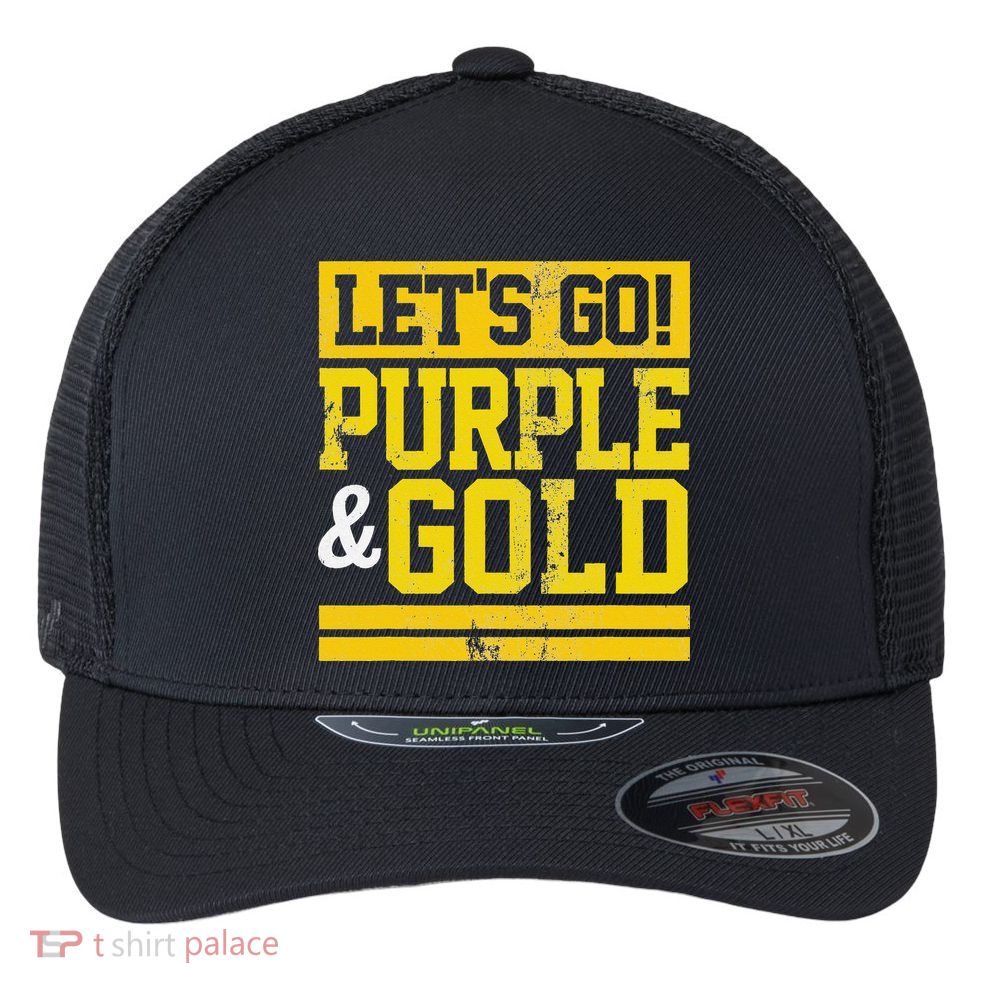 Let's Go Purple & Gold Team Favorite Colors Vintage Game Day Flexfit Unipanel Trucker Cap