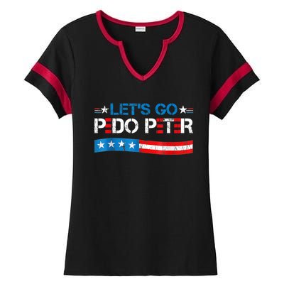 Let's Go Pedo Peter Distressed American US Flag Ladies Halftime Notch Neck Tee