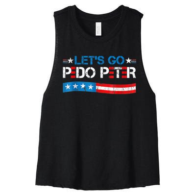 Let's Go Pedo Peter Distressed American US Flag Women's Racerback Cropped Tank