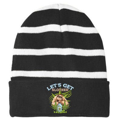 LetS Get Slothed Funny Weed Smoking Cannabis Marijuana 420 Striped Beanie with Solid Band