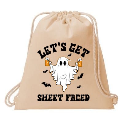 LetS Get Sheet Faced Funny Ghost Halloween Beer Drinking Drawstring Bag