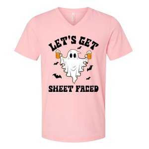 LetS Get Sheet Faced Funny Ghost Halloween Beer Drinking V-Neck T-Shirt