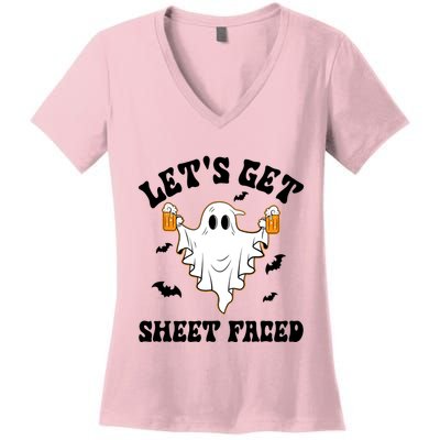 LetS Get Sheet Faced Funny Ghost Halloween Beer Drinking Women's V-Neck T-Shirt