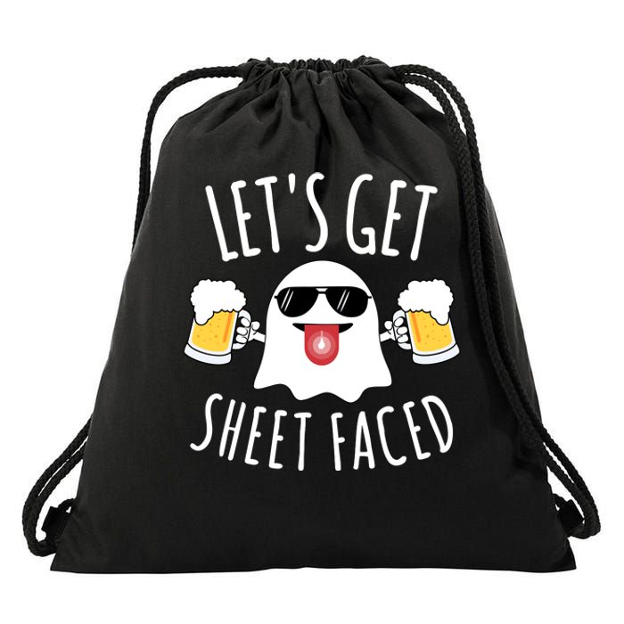 LetS Get Sheet Faced Funny Ghost Halloween Beer Drinking Drawstring Bag