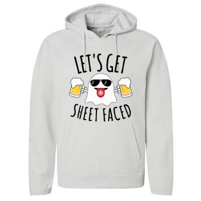 LetS Get Sheet Faced Funny Ghost Halloween Beer Drinking Performance Fleece Hoodie