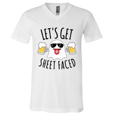 LetS Get Sheet Faced Funny Ghost Halloween Beer Drinking V-Neck T-Shirt