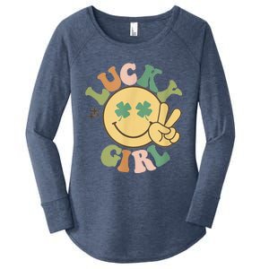 Lucky Girl St. Patricks Day Retro Smiling Face Shamrock Women's Perfect Tri Tunic Long Sleeve Shirt