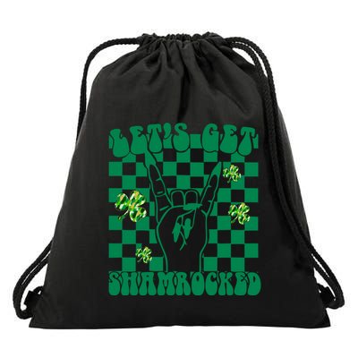 Lets Get Shamrocked St Patricks Day Rock N Roll Checkered Drawstring Bag