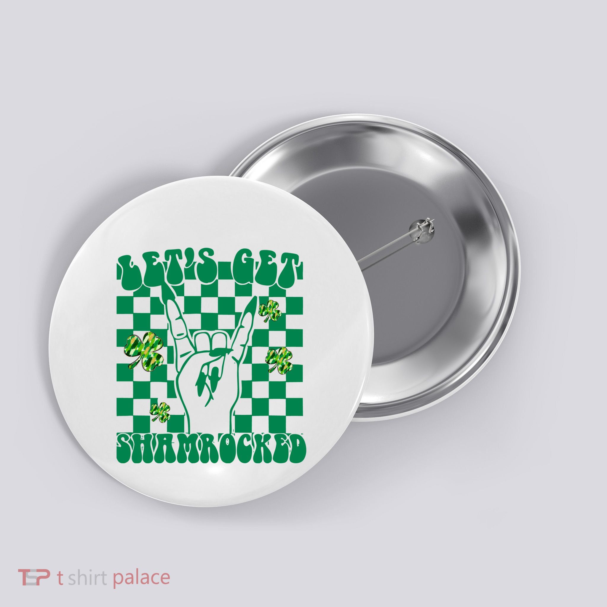 Lets Get Shamrocked St Patricks Day Rock N Roll Checkered Button