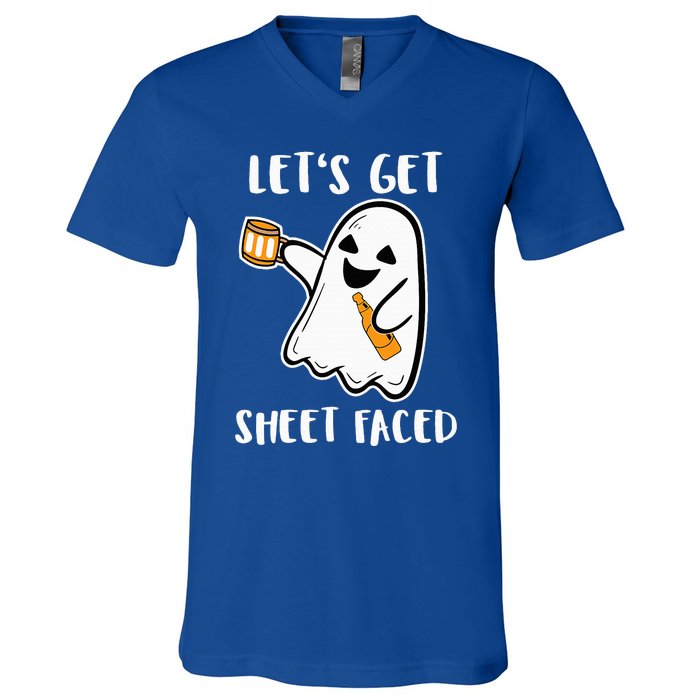 Let's Get Sheet Faced Boos Beer Drinking Boo Ghost Halloween V-Neck T-Shirt