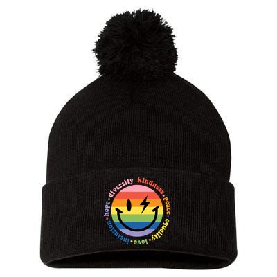 LGBT Groovy Smile Pride Month Rainbow Flag Pom Pom 12in Knit Beanie