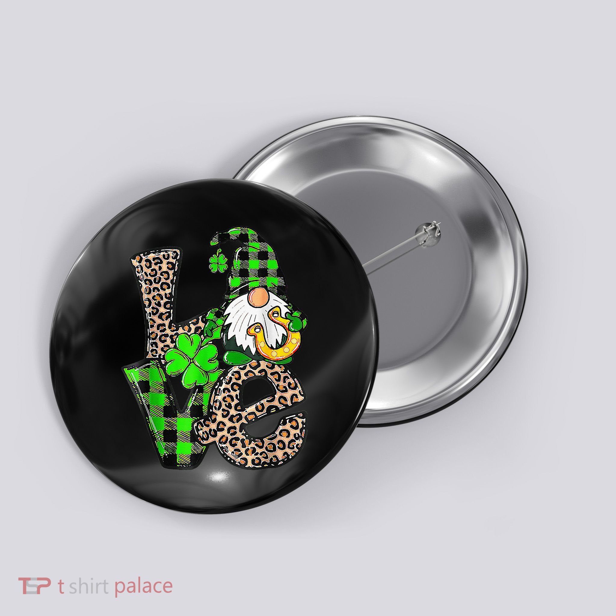 Love Gnomes Shamrock Horseshoe St Patrick's Day Button
